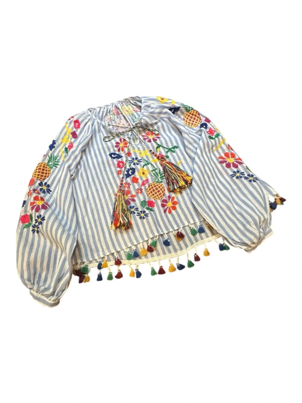 Zara‎ Blue White Striped Embroidered Tassel Peasant Blouse Size M
